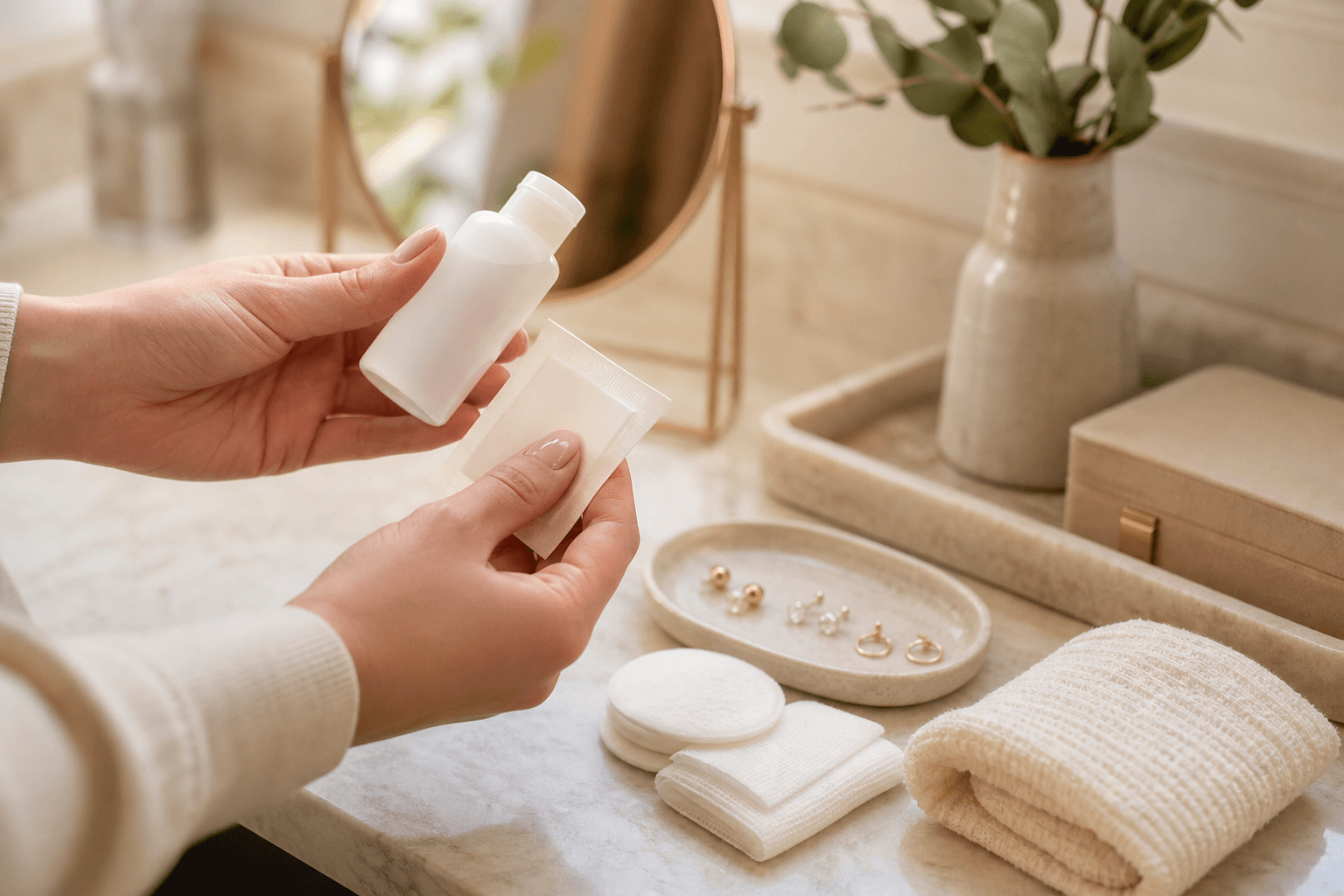 Clean ear piercing aftercare supplies arranged on a warm med spa counter.